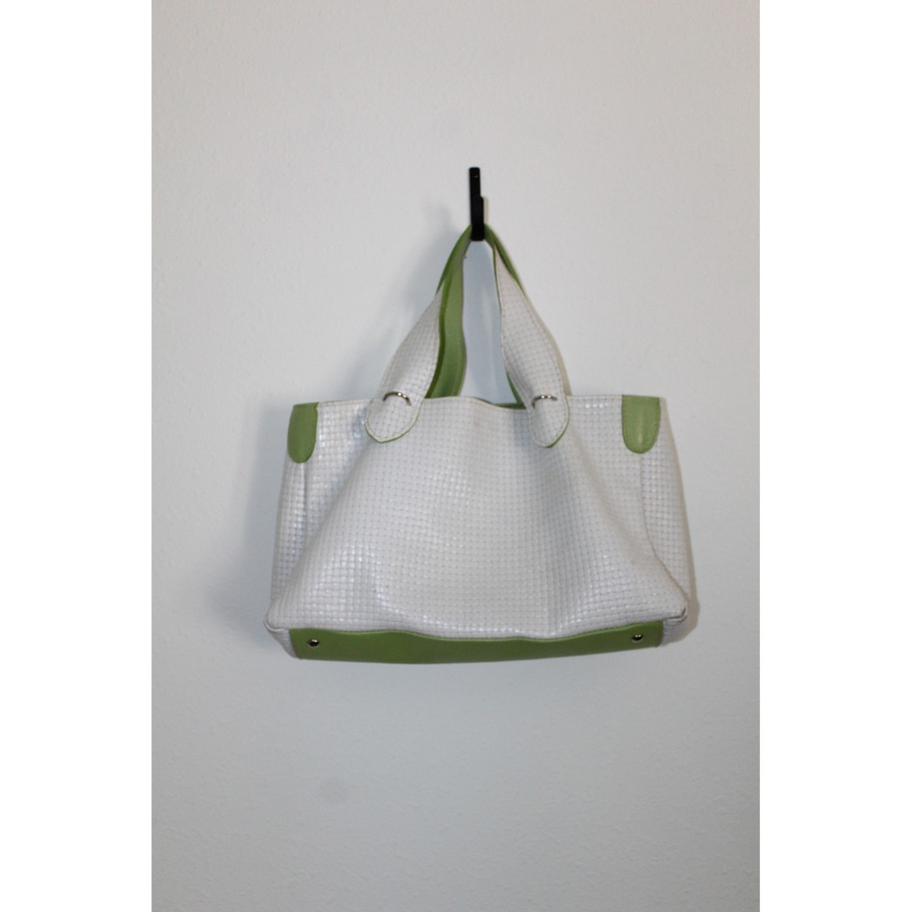 Cecconi Piero White Woven Lime Green Leather Tote Bag Made in Italy Floral Lined